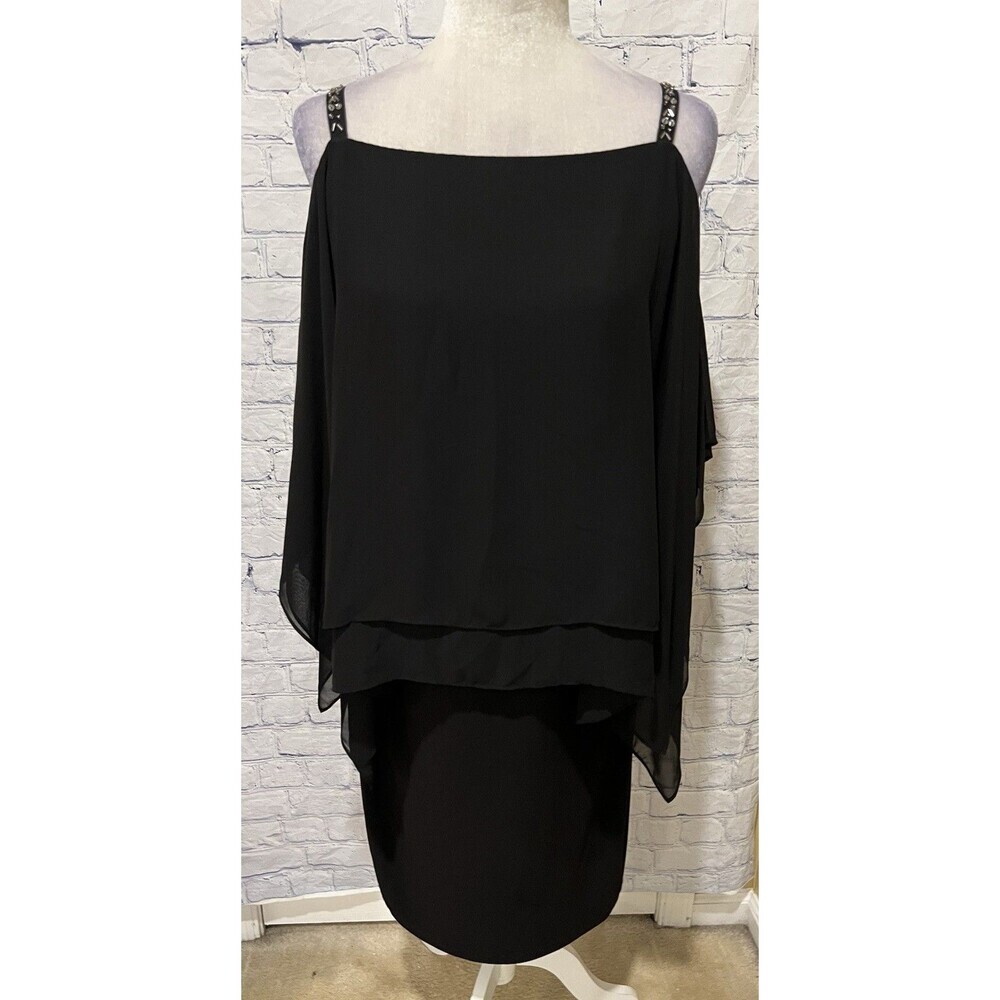 SLNY Women's Black Embellished Beaded Sleeve Tiered Capelet Shift Dress Size 14
